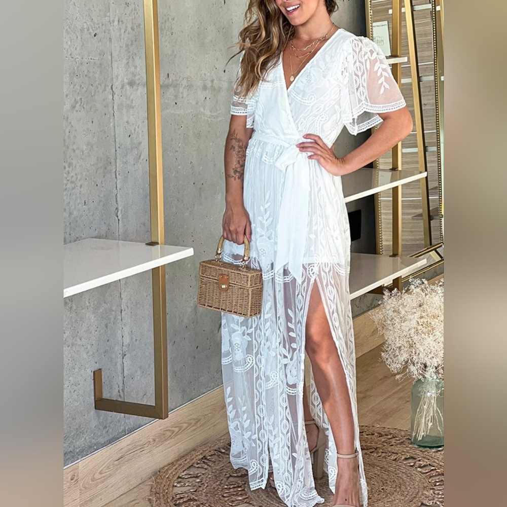 Women's Casual Off Shoulder Lace Maxi Dress Boho White Dress